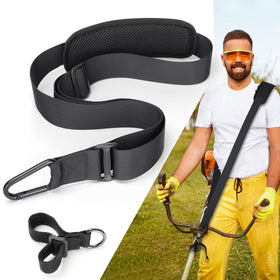 GodFan trimmer strap with metal clip secures tools during extended yard work.