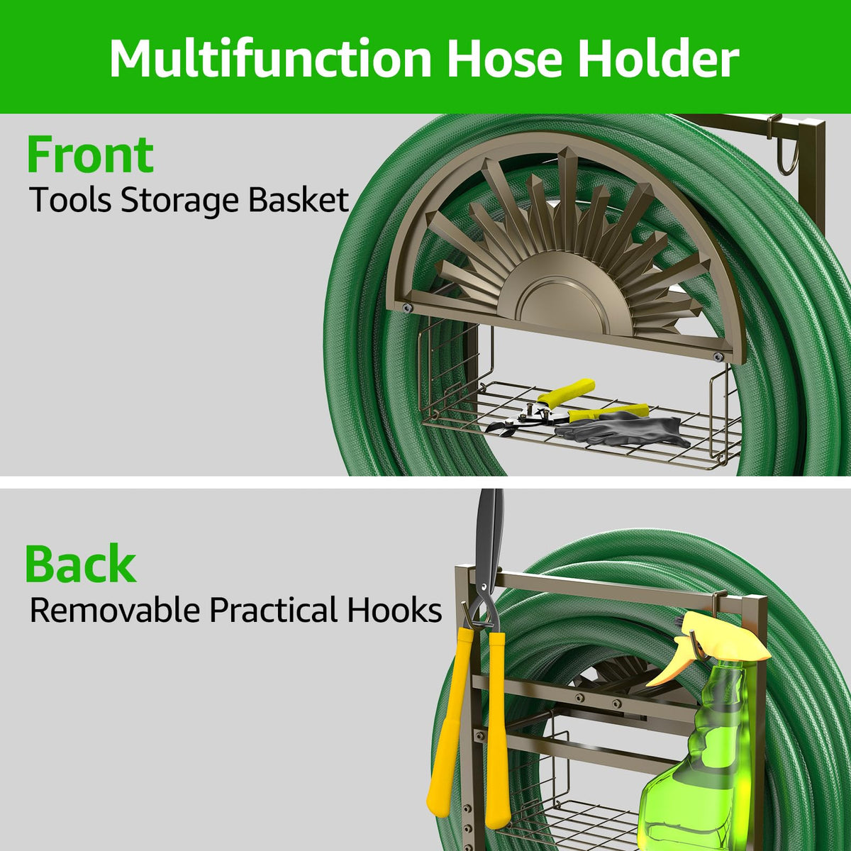 GOFORWILD hose reel with storage basket keeps tools within reach during yard chores.