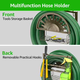 GOFORWILD hose reel with storage basket keeps tools within reach during yard chores.