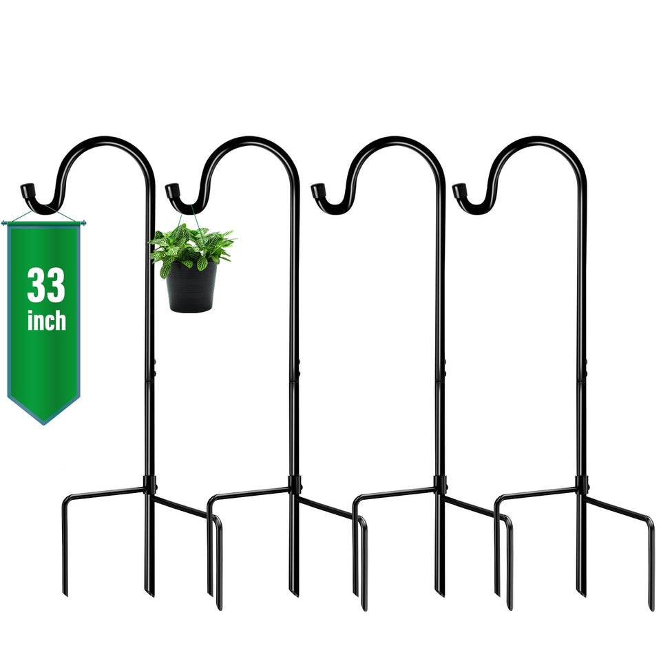 GOFORWILD Shepherd Hook 33-inch black, four-pack, ideal for hanging pots and lights.