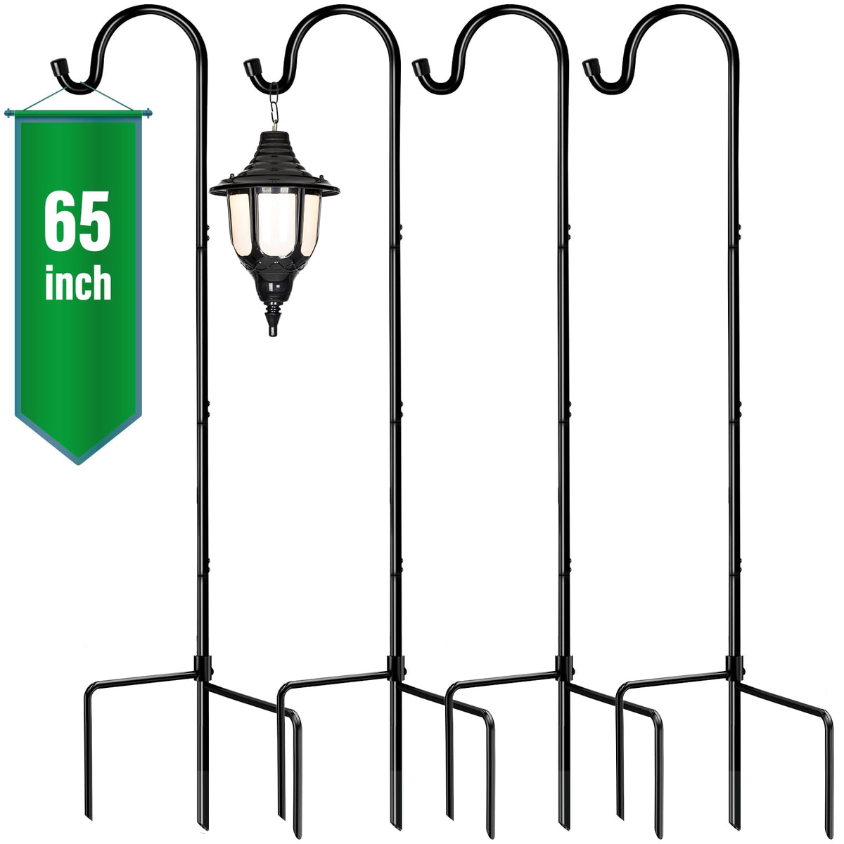 GOFORWILD Shepherd's Hooks 4 Pack Black shown in full view for versatile garden decor
