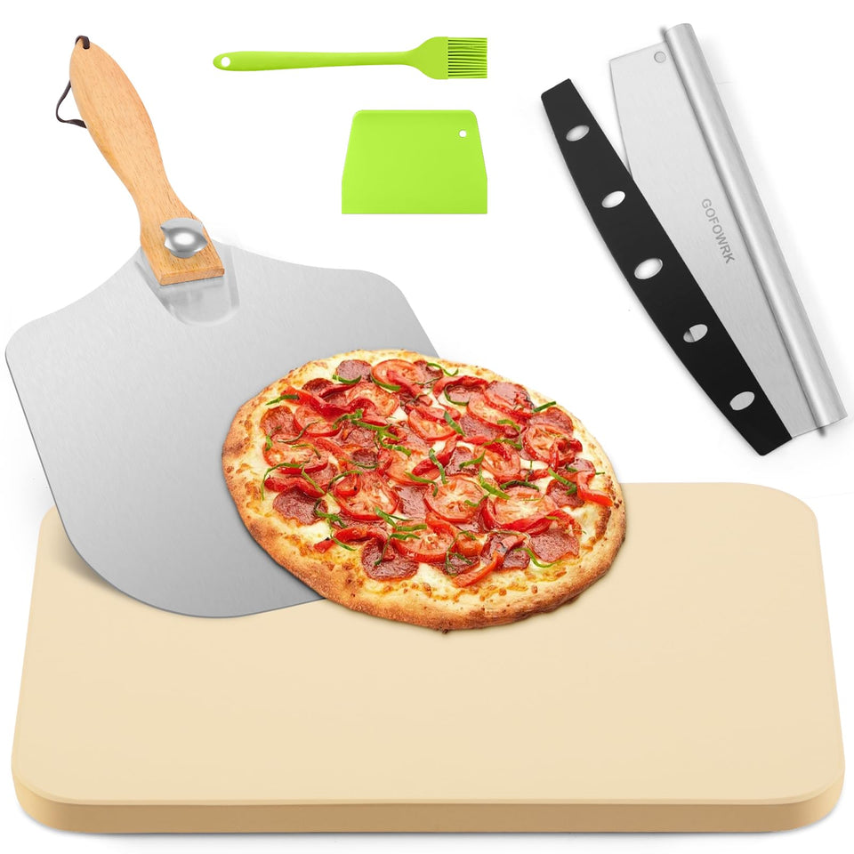 GOFOWRK Pizza Stone 15x12 Rectangle distributes heat for even baking and crispy crust.