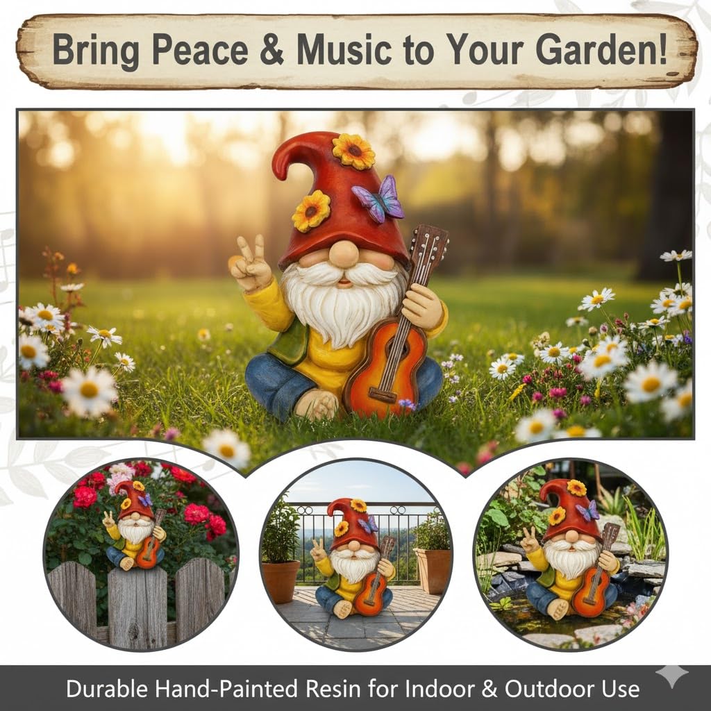 GoGnome guitar-playing dwarf highlights backyard personality and conversation.