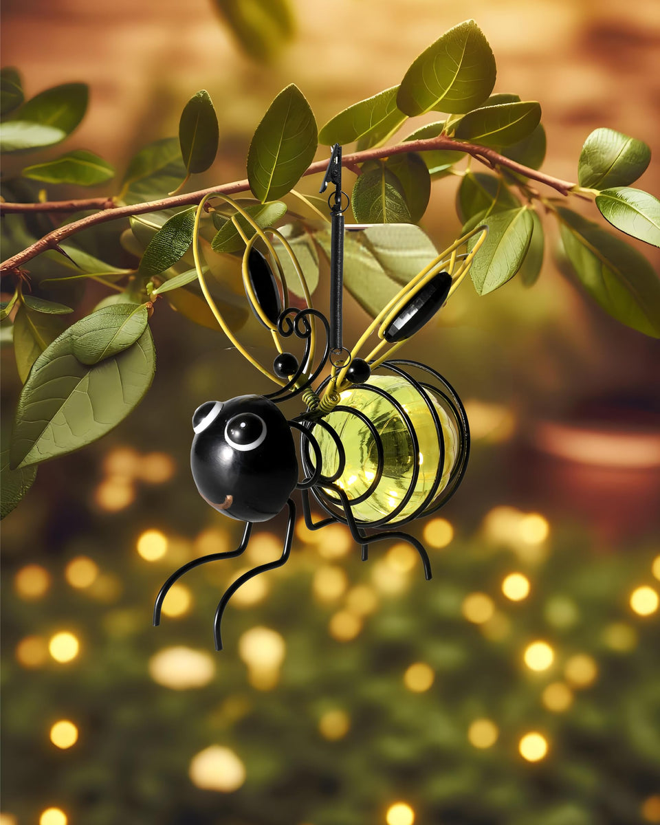 GoGnome lighted bee hanging at dusk adds gentle porch illumination