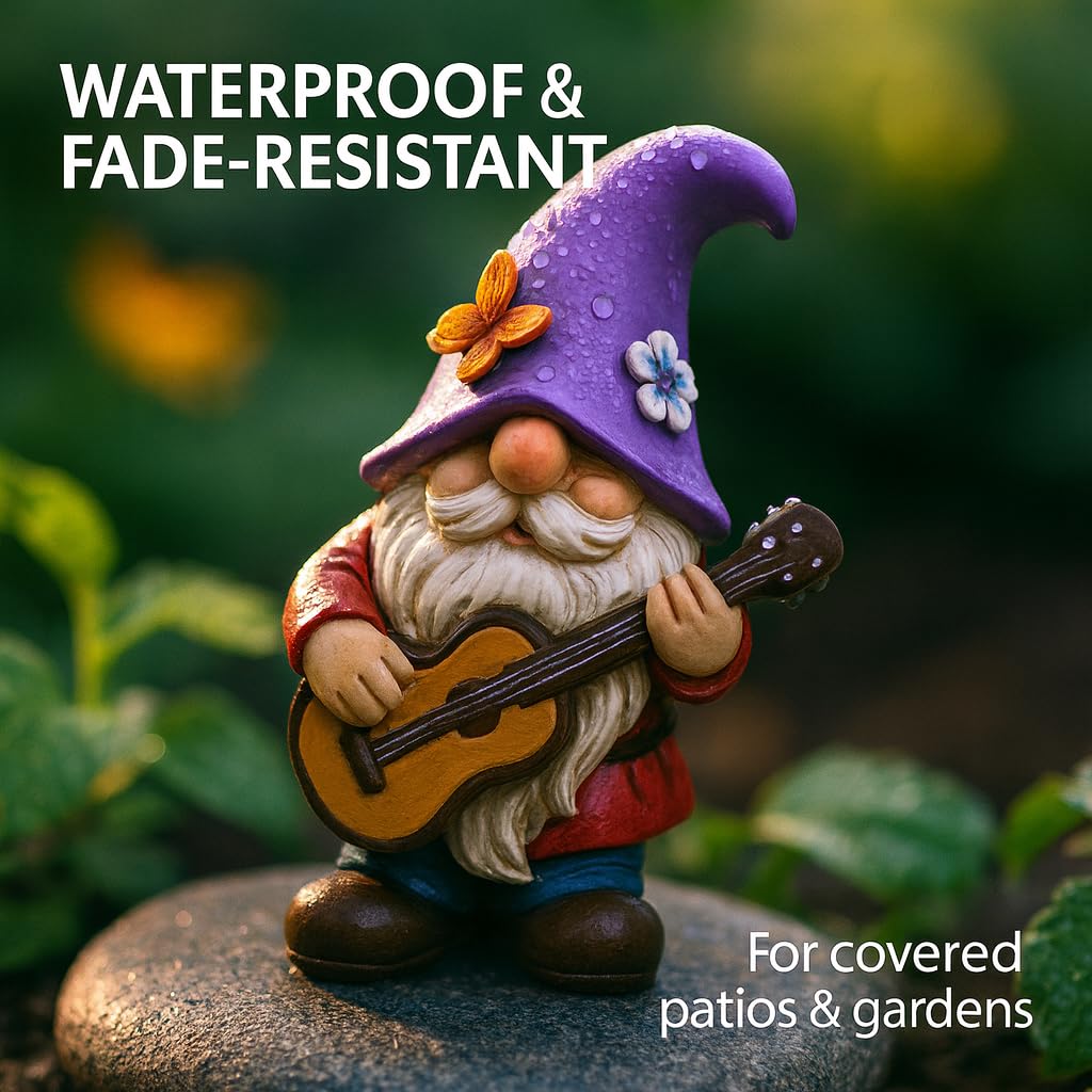 GoGnome with purple hat and flowers adds whimsy to decor