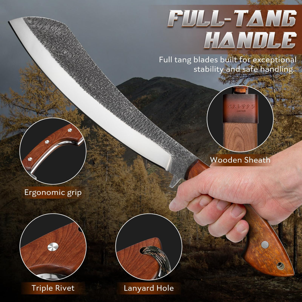 Golden Bird Parang Machete ergonomic grip offers comfortable, non-slip handling in wet conditions.