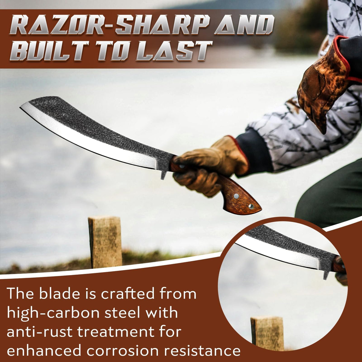 Golden Bird Parang Machete full tang construction emphasizes strength for heavy use.