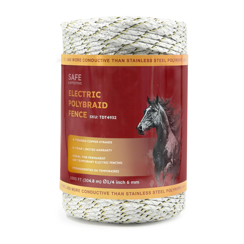 Golden Cock electric fence wire in 1000 ft length for reliable livestock control.