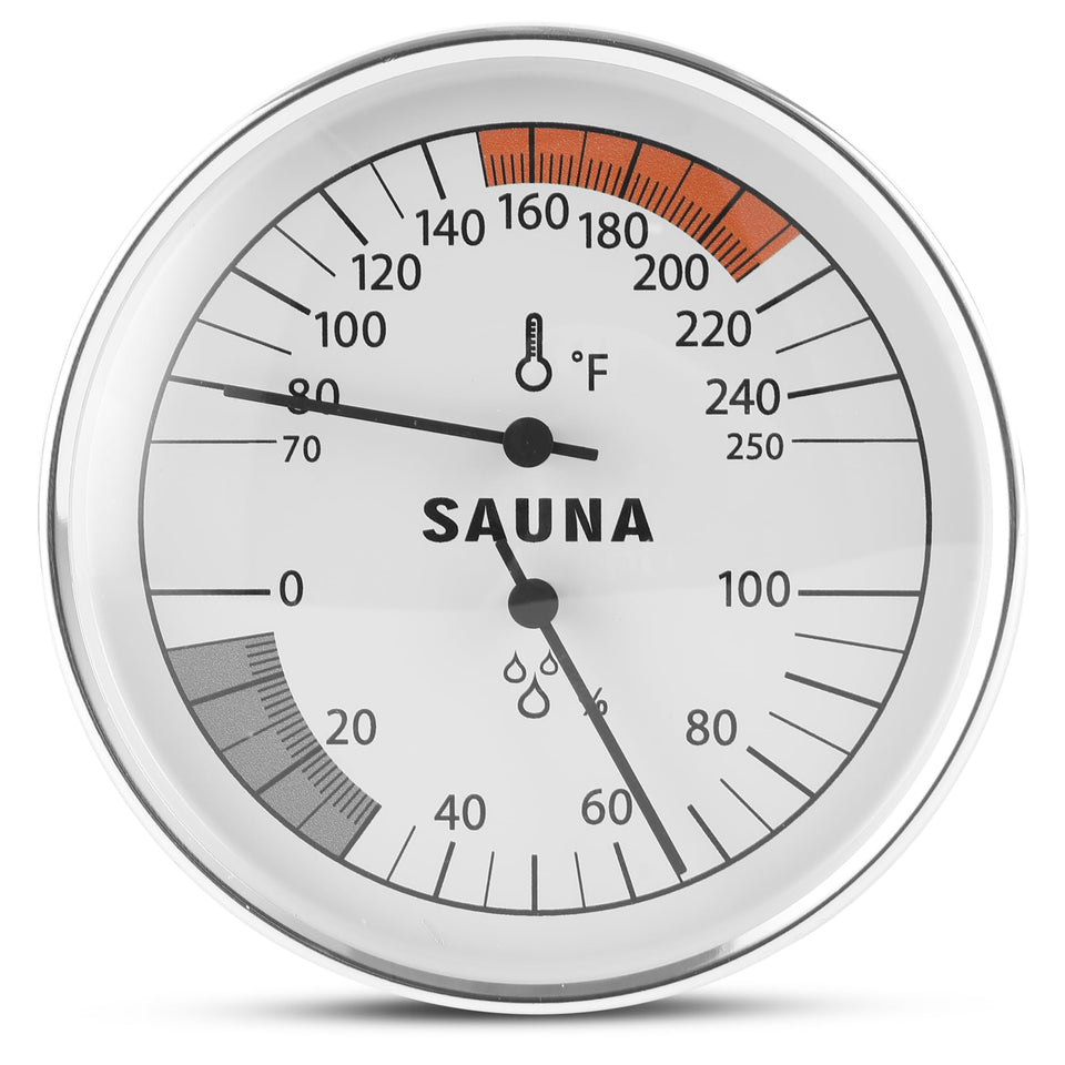 Golden Wave sauna thermometer with a 4-inch dial showing precise infrared readings.