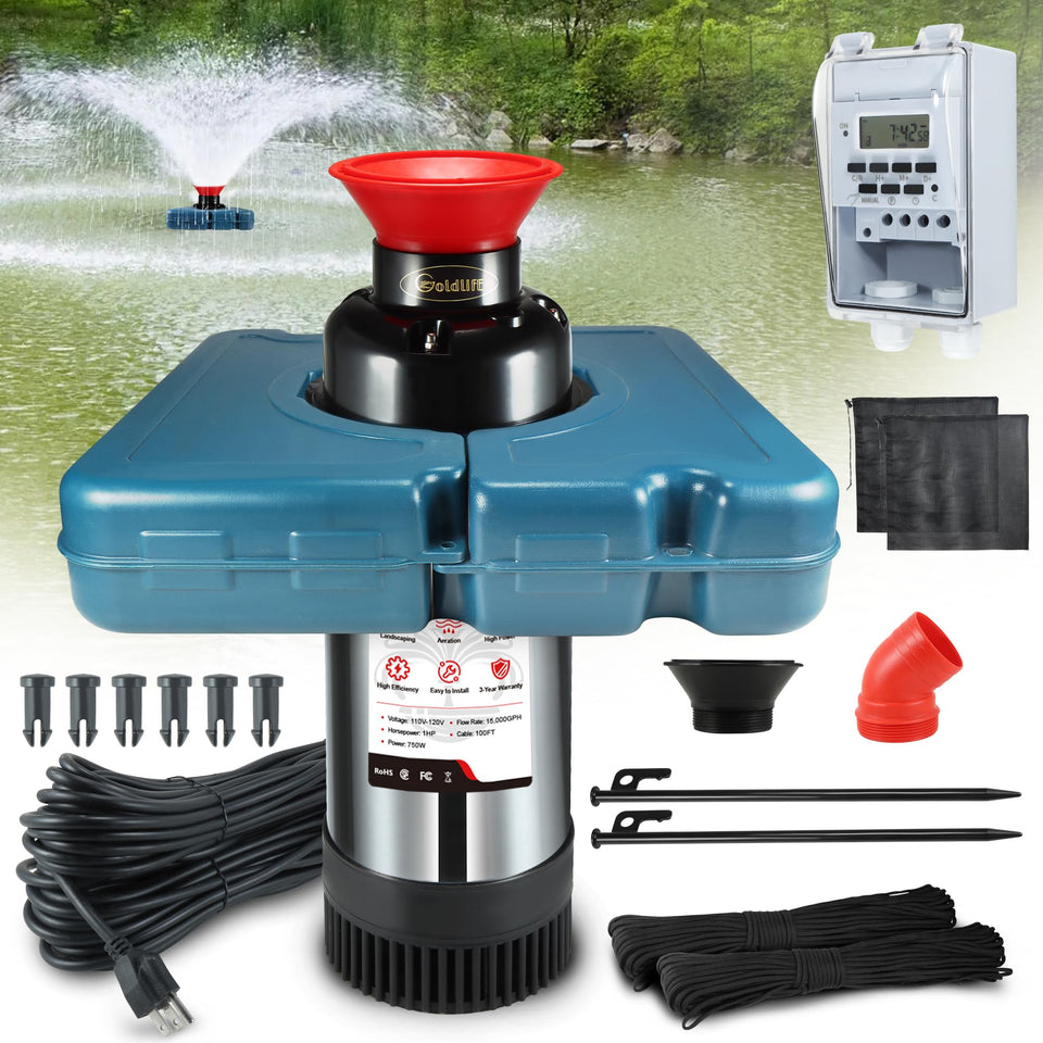Goldlife fountain aerator with two nozzles for dramatic spray and improved aeration.