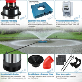 Goldlife pond aerator on a floating platform creating water movement and surface cleanliness.