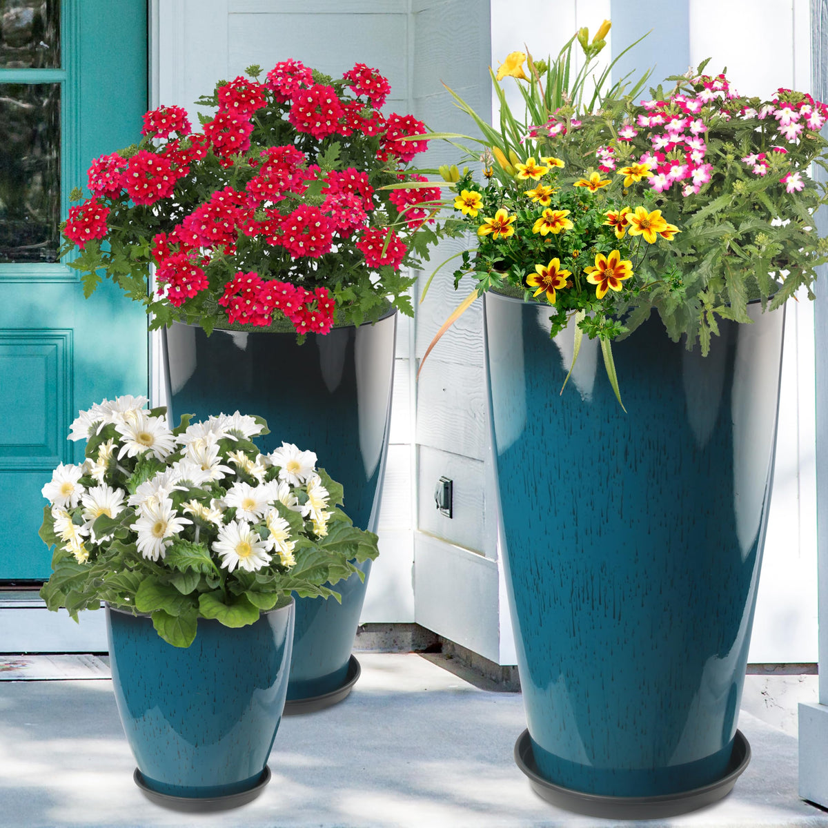 Goldshire 21-inch blue glossy round planter adds vertical interest to balcony corners.