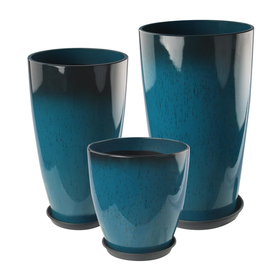 Goldshire 24-inch blue glossy round planter with drainage hole for proper water control.