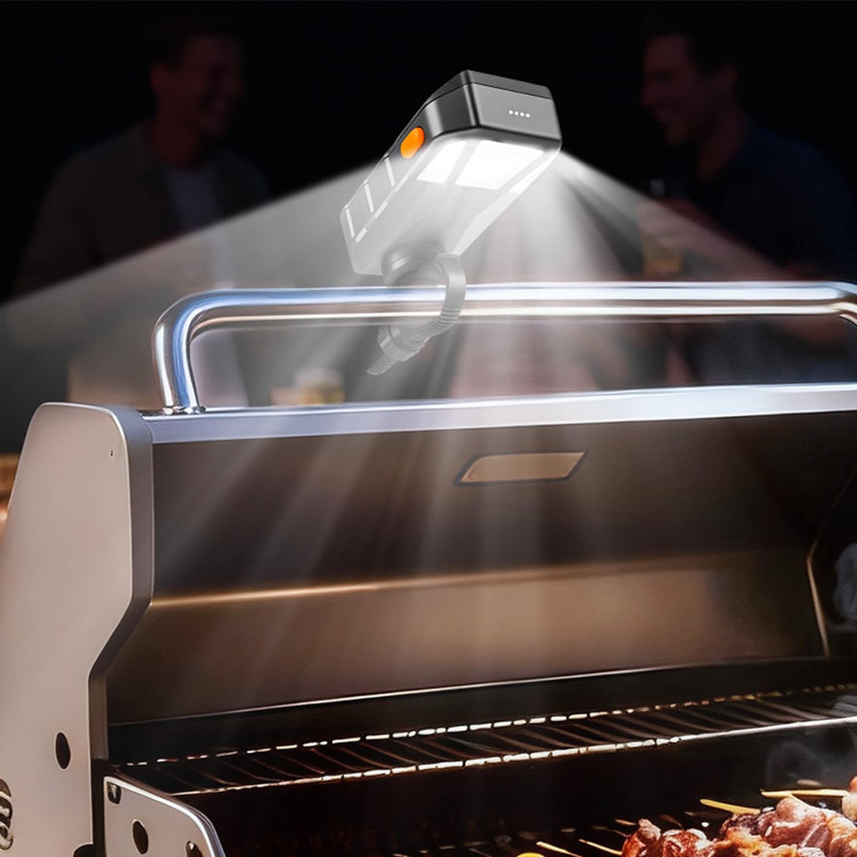 Goldusk grill light on handle with a wide 160 degree beam for even cooking after dark