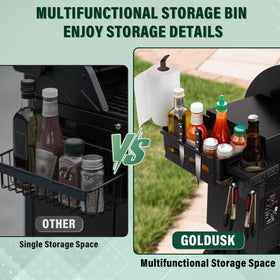 Goldusk storage bin side hooks provide extra utensil storage for a clutter-free grill area.