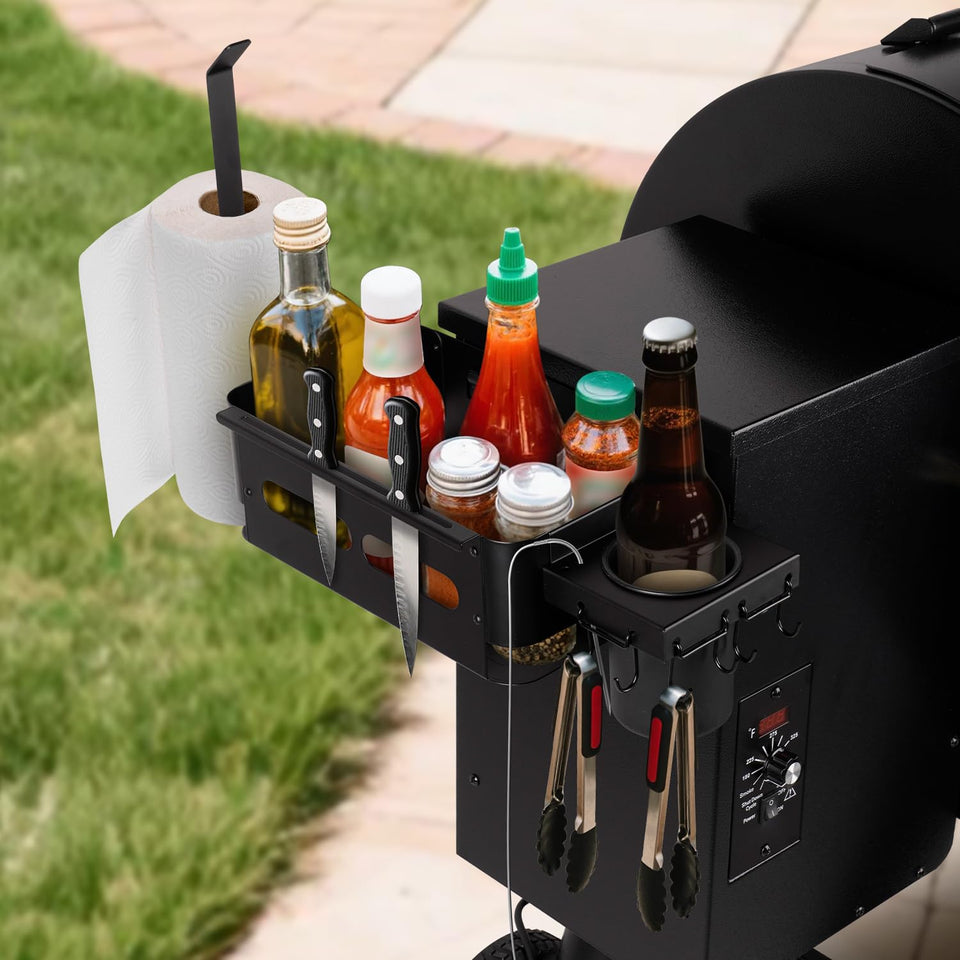 Goldusk storage bin with Traeger paper towel holder keeps counters tidy and ready.