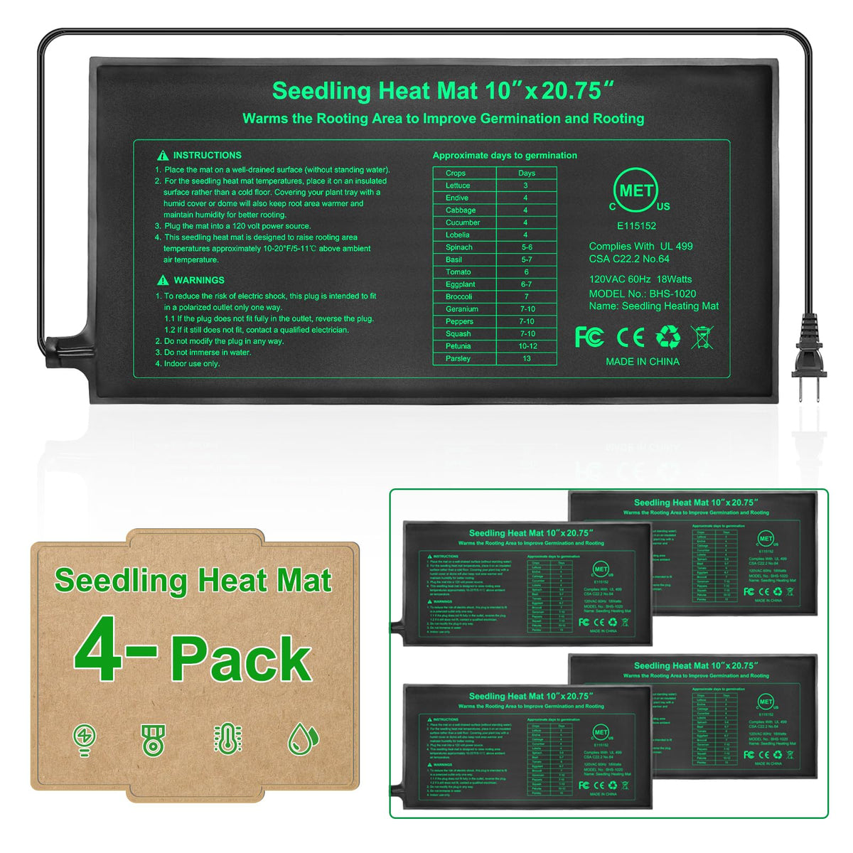 GOLOPET seedling heat mat 4-pack front view supports even tray warming