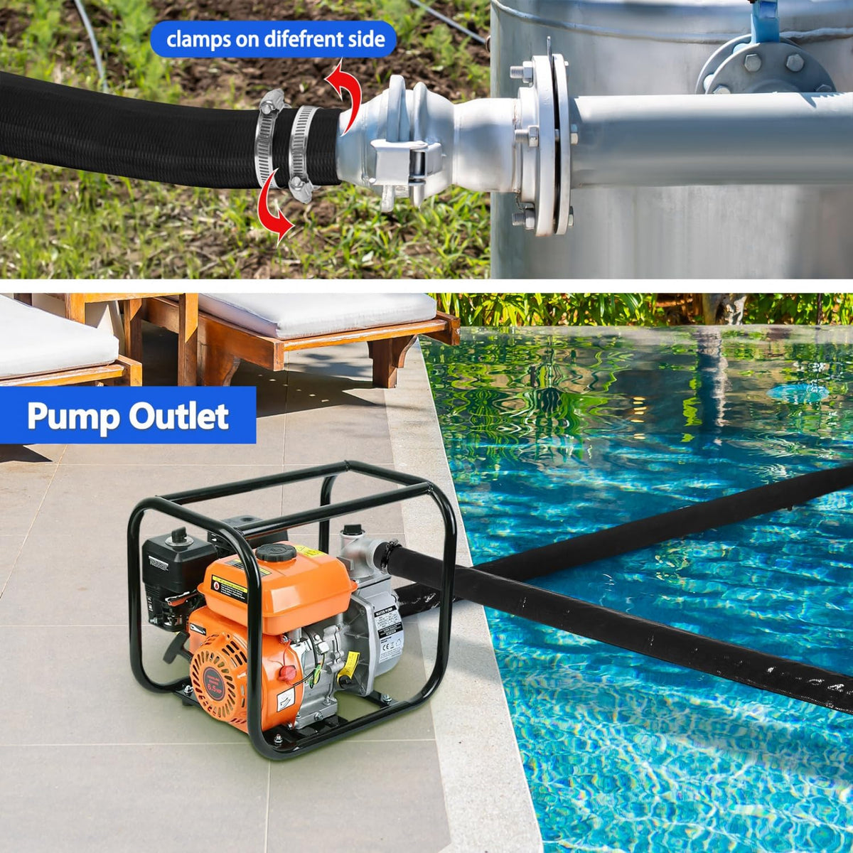 Gonioa backwash hose deployed for pool maintenance and water flow.