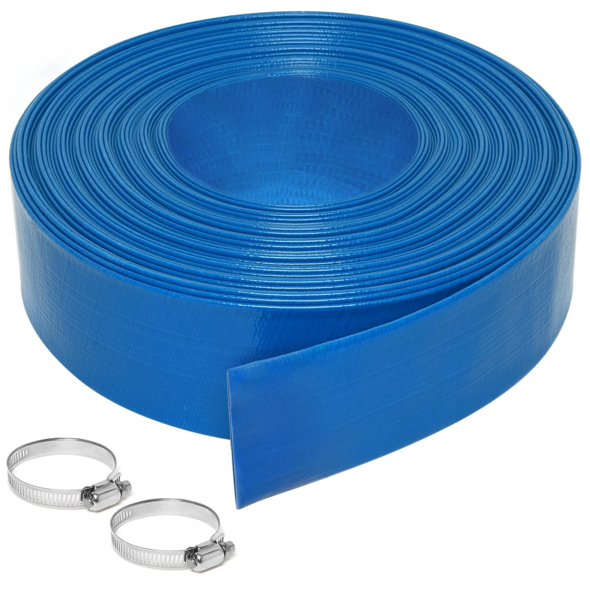Gonioa heavy-duty backwash hose coiled for compact storage and ready to deploy