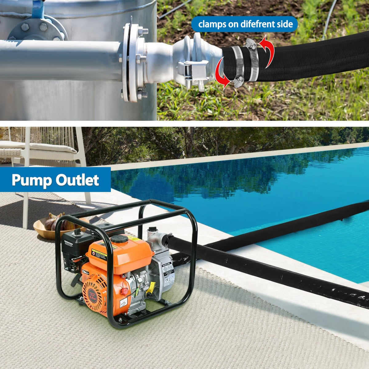 Gonioa black backwash hose ready for outdoor pool use
