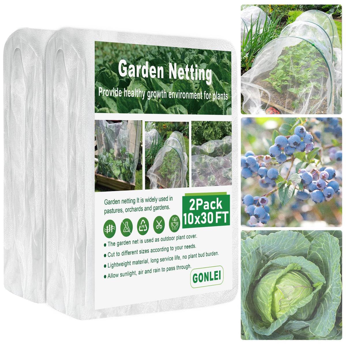 GonLei garden netting 10x30ft two-pack shields beds while letting light through.