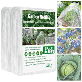 GonLei garden netting 10x30ft two-pack shields beds while letting light through.