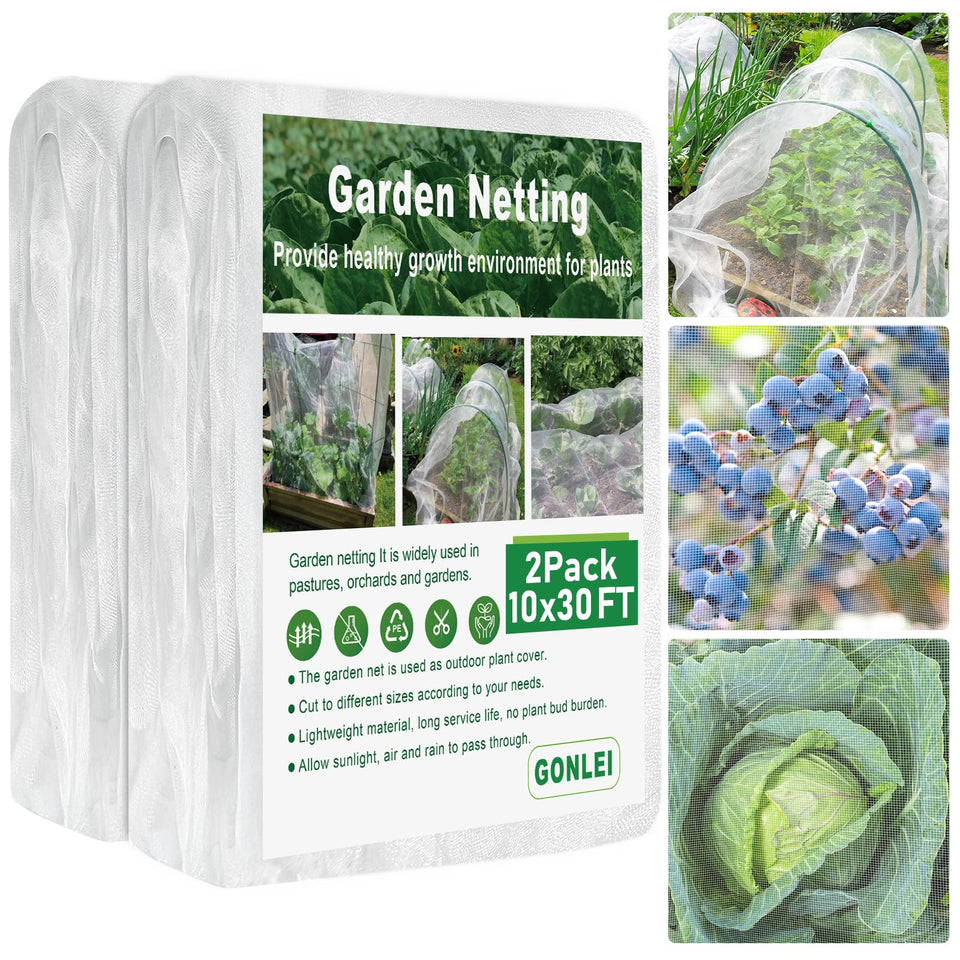GonLei garden netting 10x30ft two-pack shields beds while letting light through.
