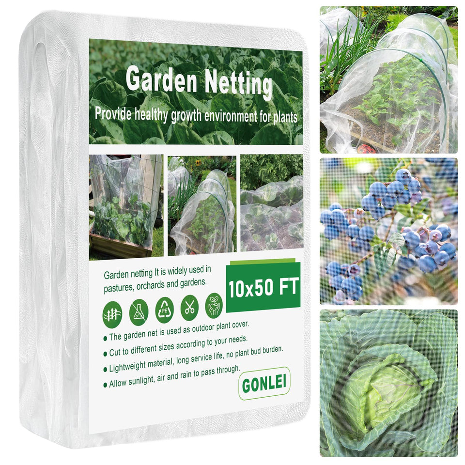 GonLei garden netting with ultra-fine mesh over crops protects against pests while letting light pass.