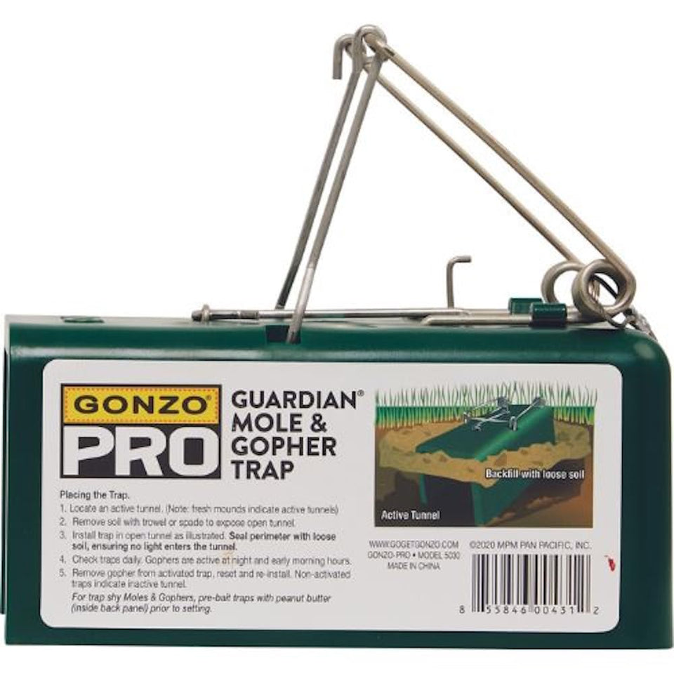 GONZO Pro Guardian mole and gopher trap with rugged ABS housing for outdoor durability.