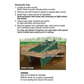 Compact trap design fits tunnels for efficient mole and gopher trapping operations.