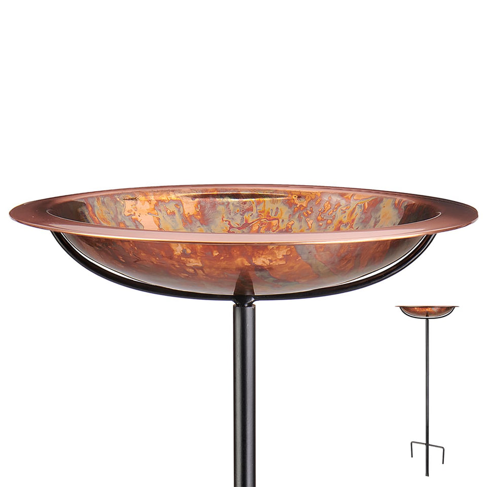 Good Directions fired copper bird bath on pole attracts visiting birds with timeless elegance.