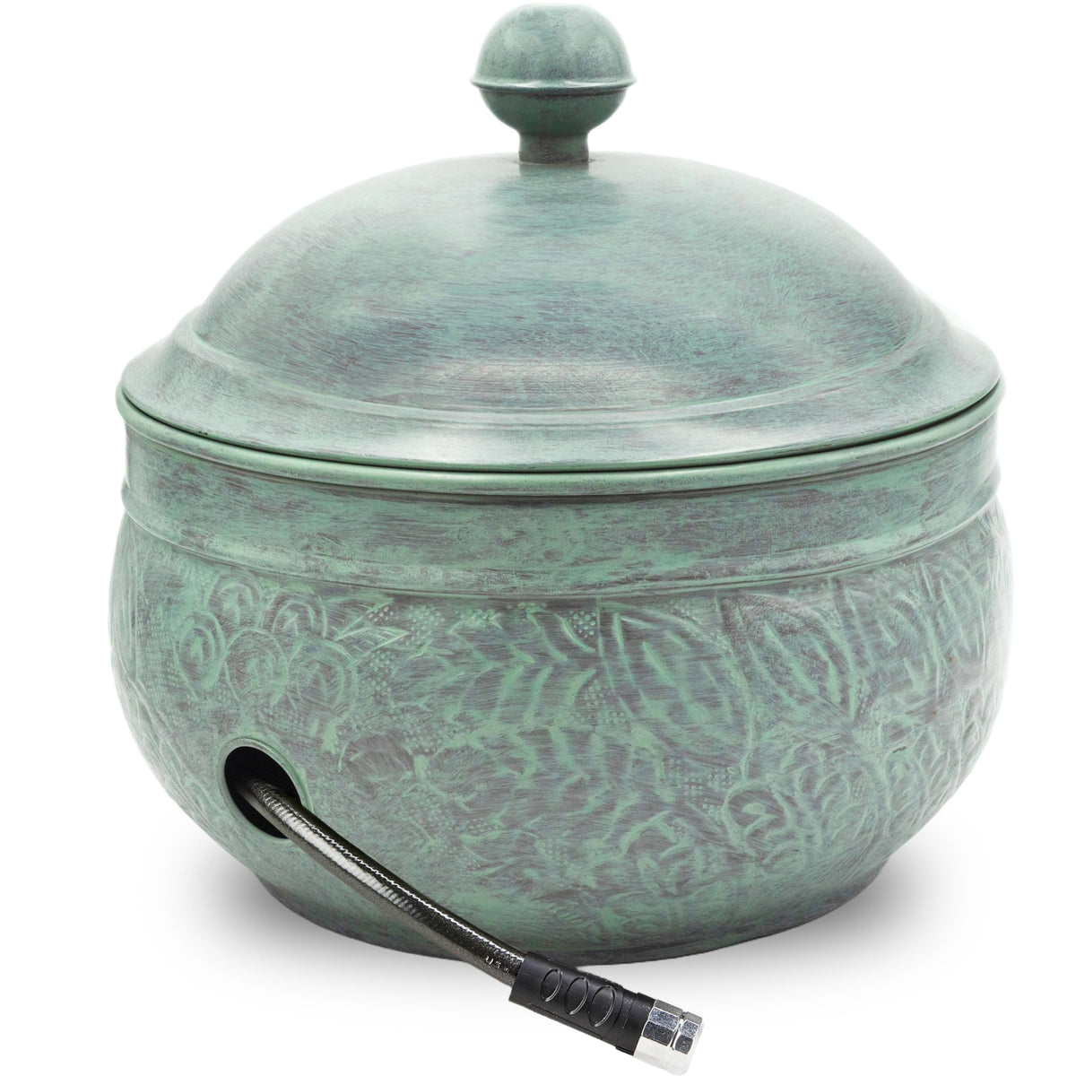 Good Directions Key West Hose Pot Blue Verde neatly stores a long hose outdoors