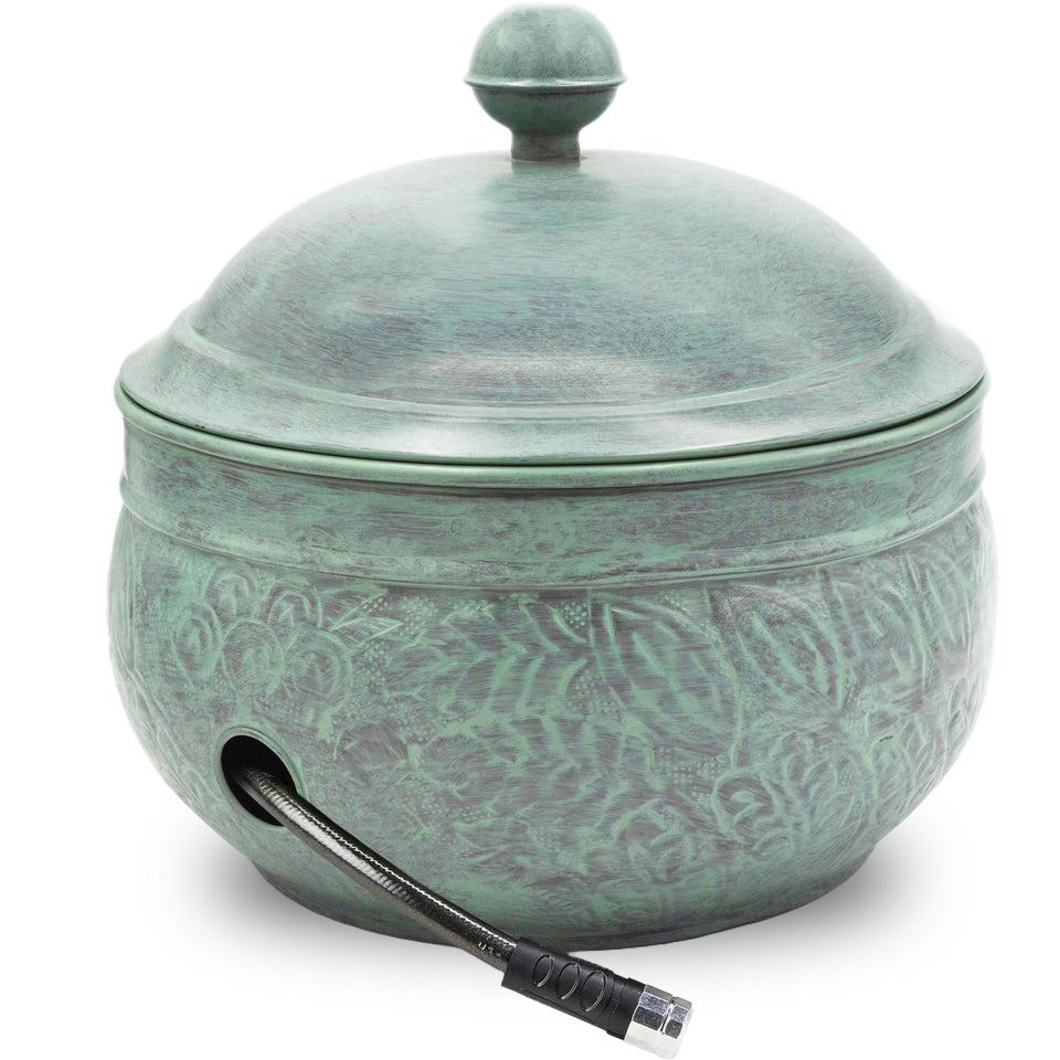 Good Directions Key West Hose Pot Blue Verde neatly stores a long hose outdoors