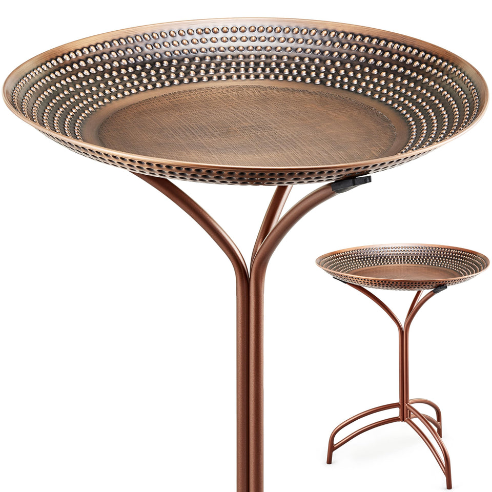 Good Directions Tranquility Birdbath copper basin with hand-punched interior detail enhances garden charm.