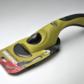 Good Vibrations Grass Hawk curved blade reaches curved contours under mowers for complete debris removal.