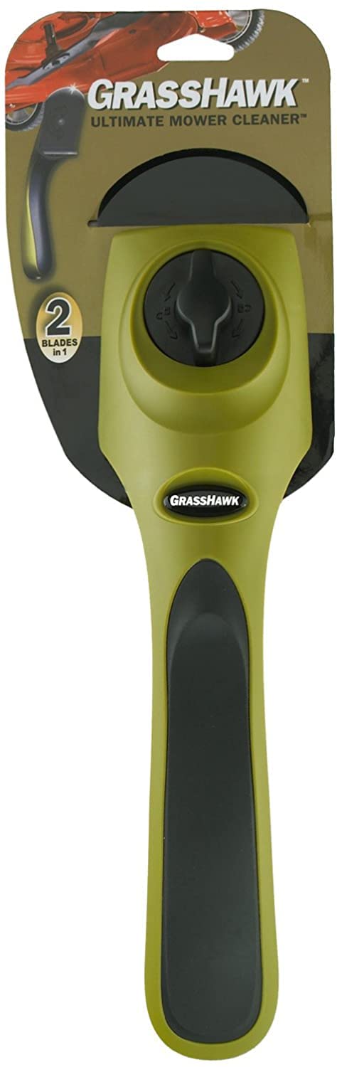 Good Vibrations Grass Hawk flat blade cleans under deck surfaces, removing stubborn buildup efficiently.