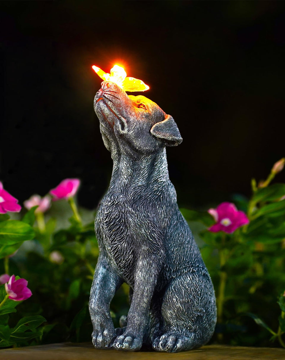 Goodeco dog statue with solar butterfly in the garden adds gentle evening illumination.