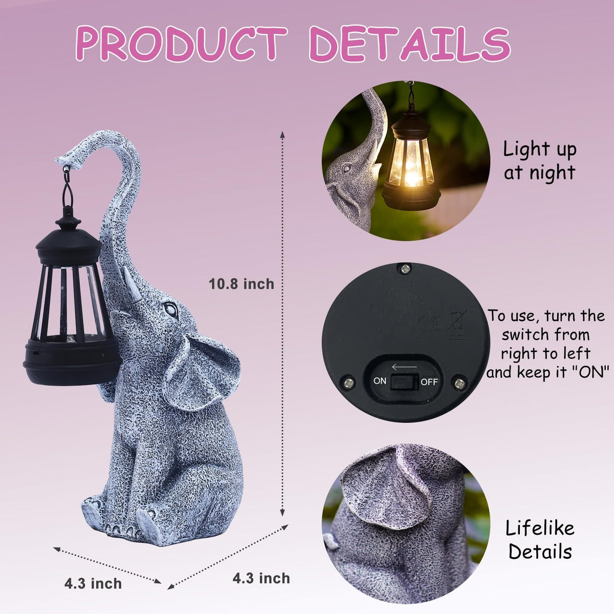 Goodeco elephant statue solar lantern providing gentle night glow for porch