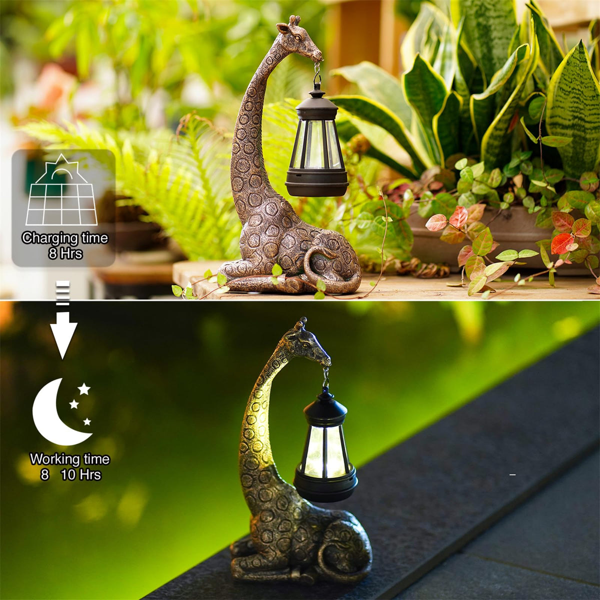 Goodeco giraffe statue 11-inch size fits porches and shelves.