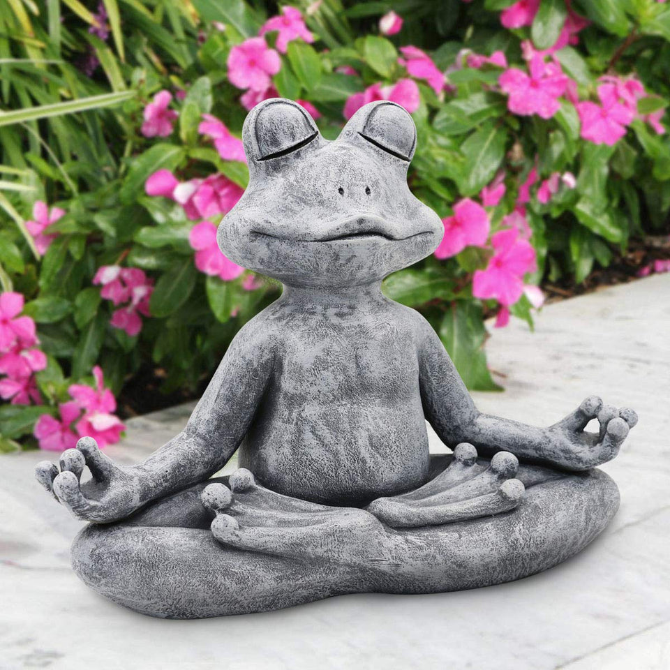 Goodeco meditating yoga frog statue in 12.5 by 10 inches, ideal for tranquil garden display.