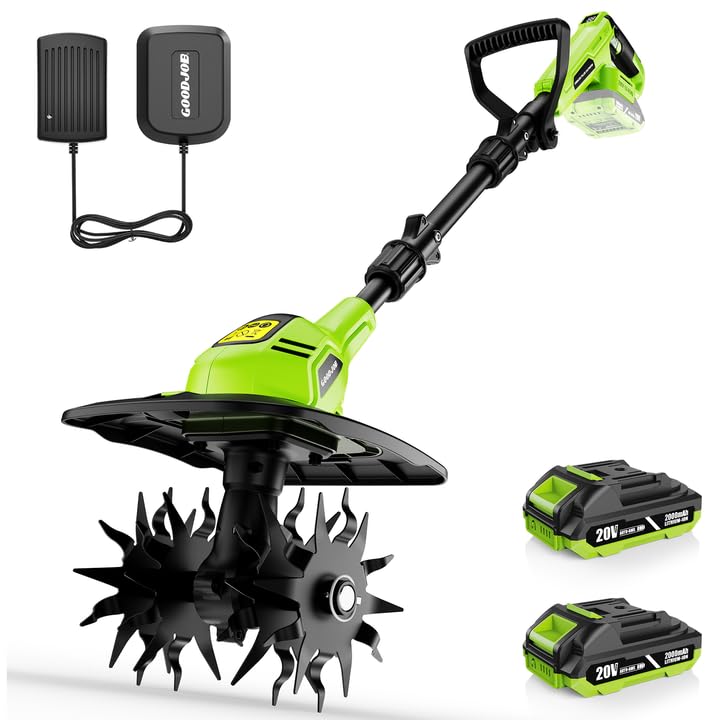 Goodjob 20V cordless tiller front view showing lightweight design for easy yard prep