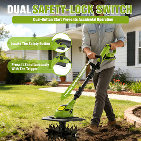 Goodjob 20V cordless tiller no-gas design image emphasizes maintenance-free operation