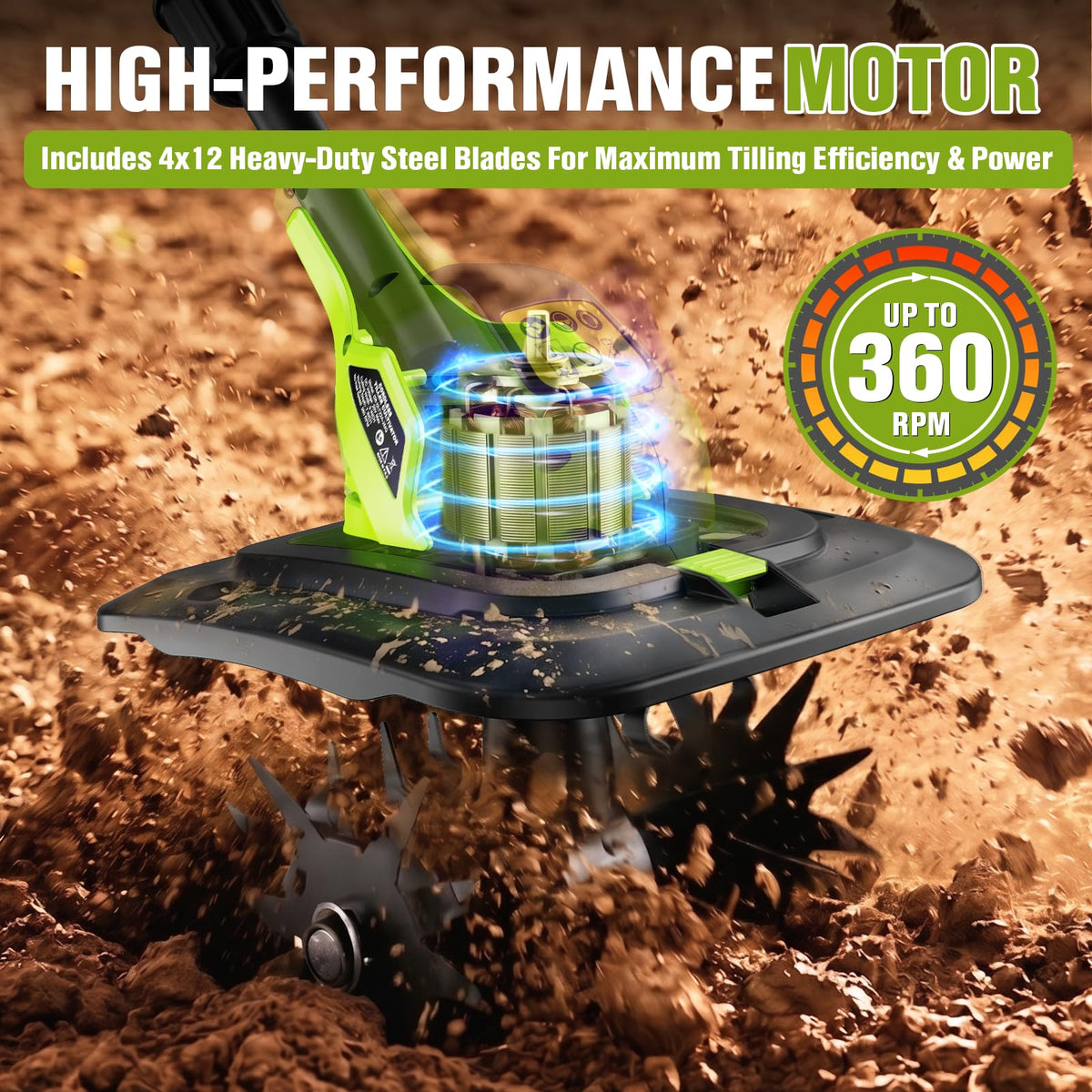 Goodjob 20V cordless tiller with 48 forged steel tines for tough soil