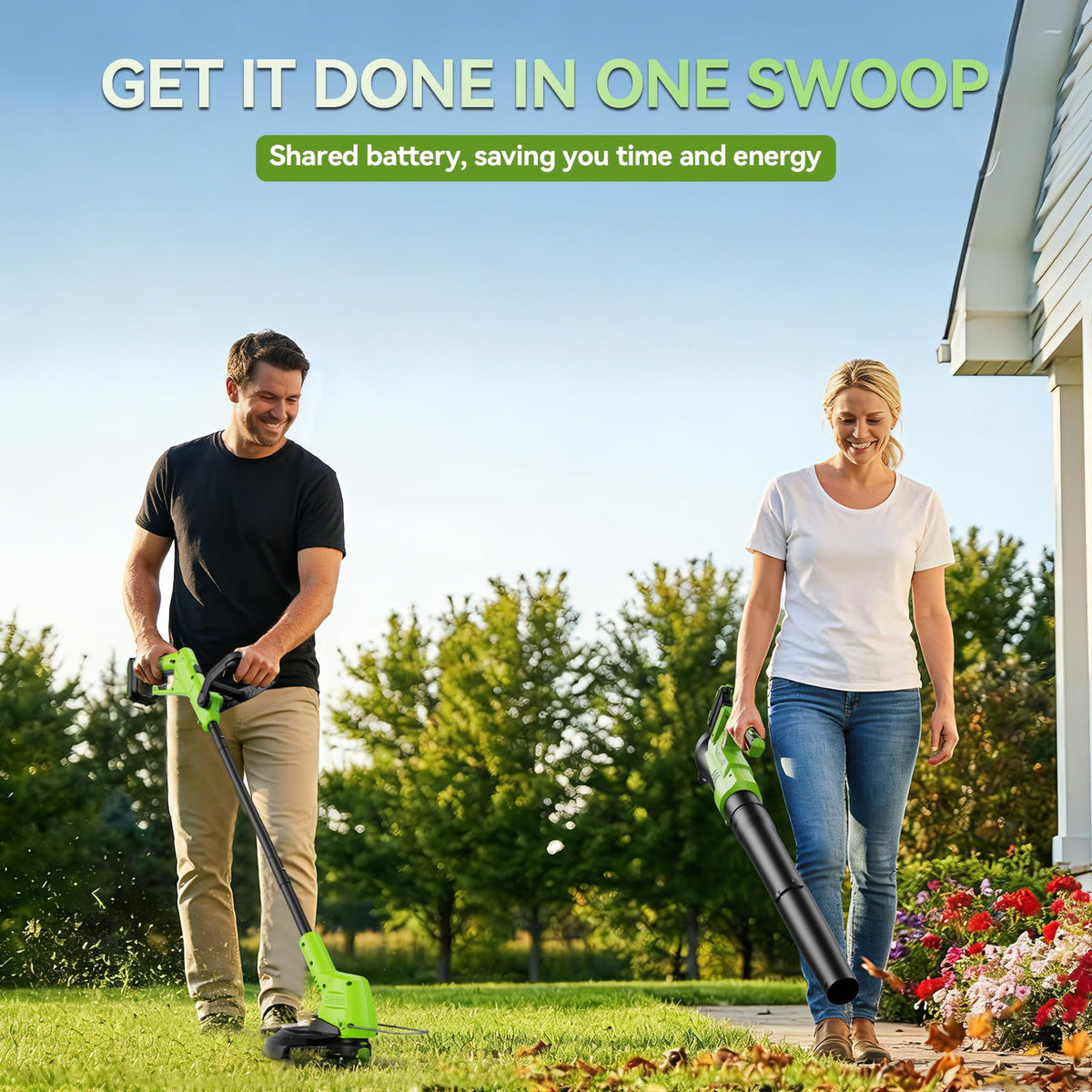 GoodJob 650CFM leaf blower powerfully clears wet leaves and debris.