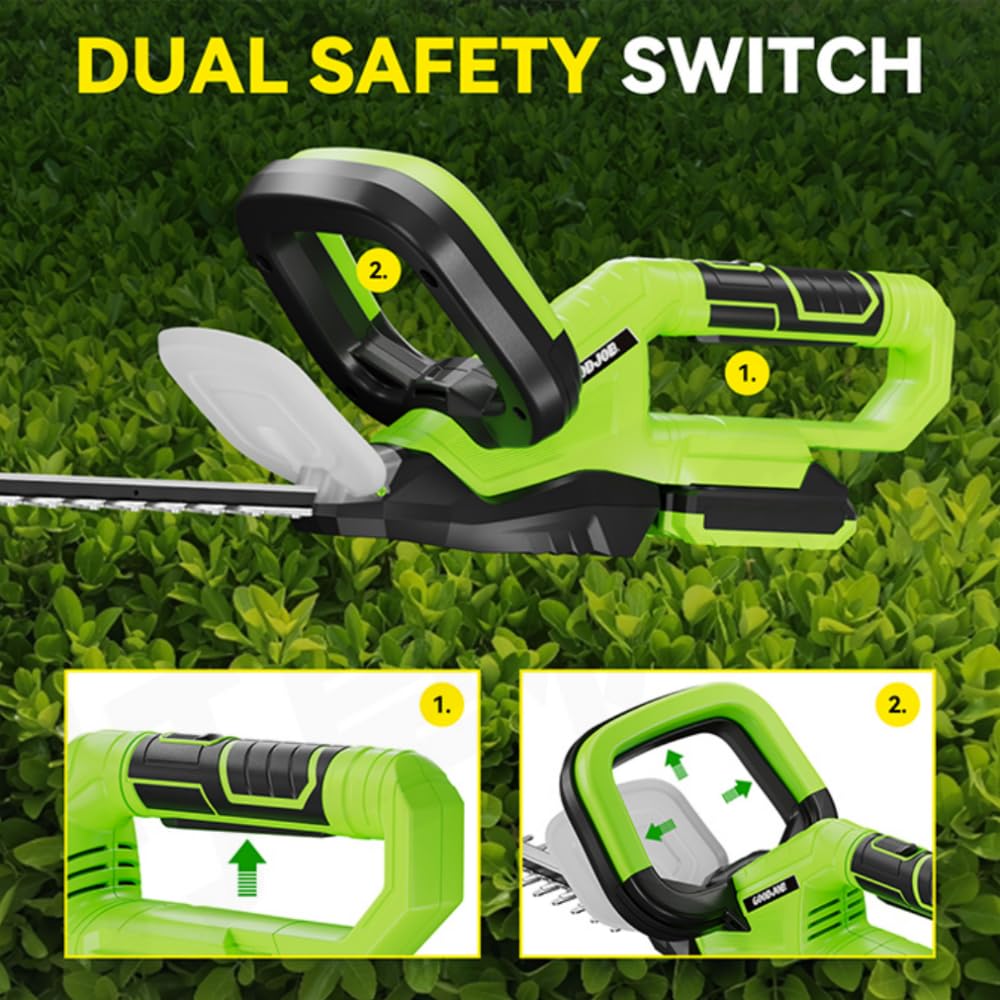 GoodJob hedge trimmer dual-trigger safety prevents accidental starts during use.