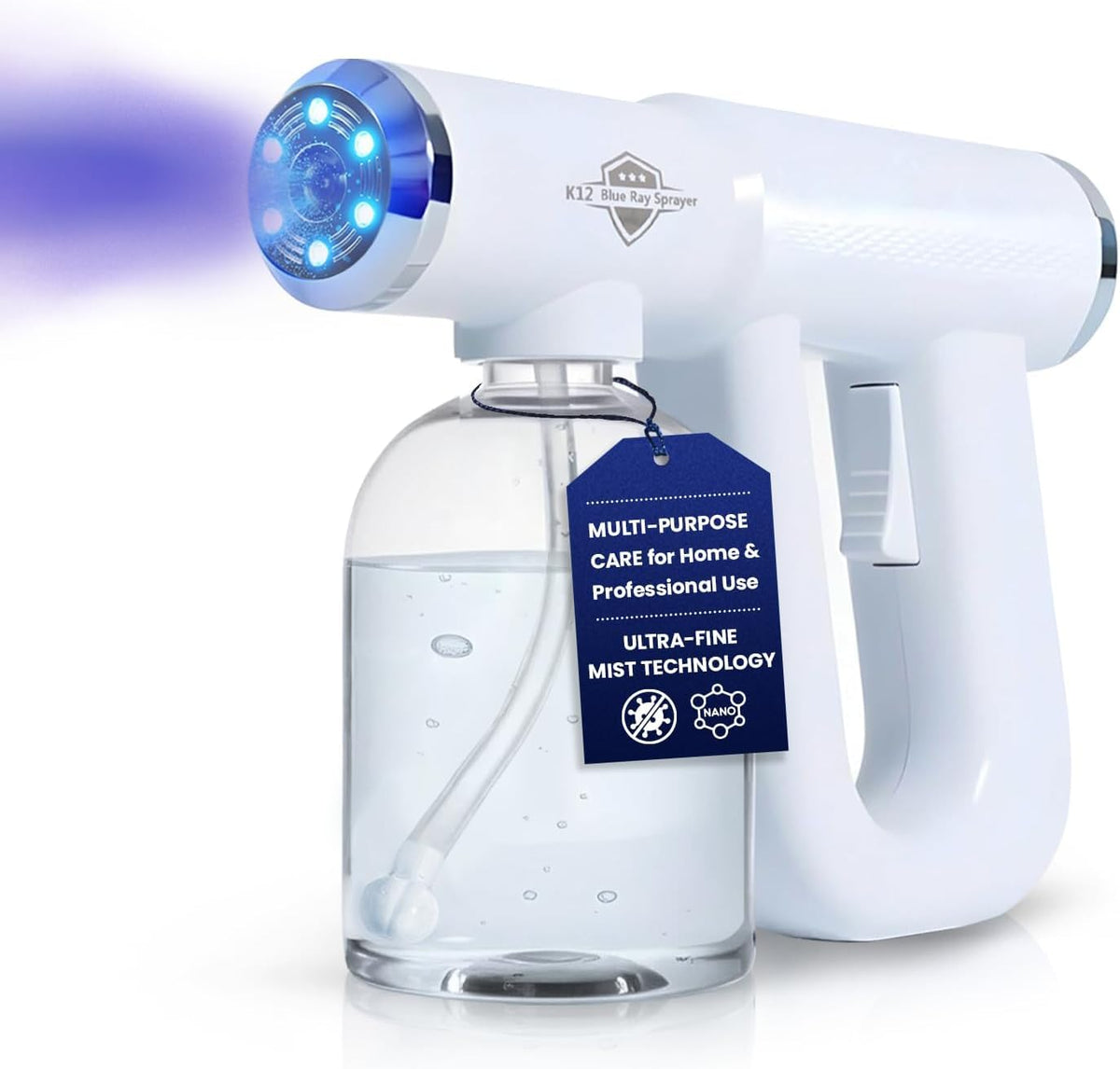 Goodscious K12 nano spray gun with blue light visualizes spray precision for thorough coverage.