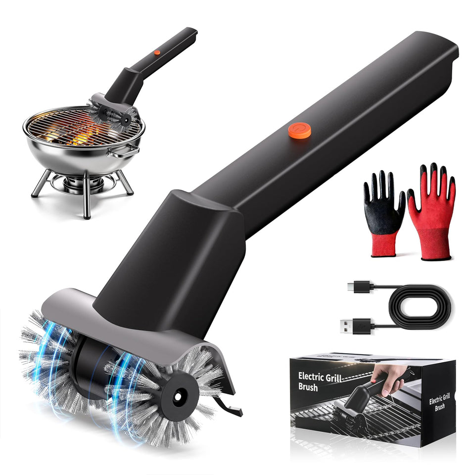 Goodtrust electric grill brush with 2600mAh battery for quick cordless cleanup after grilling.