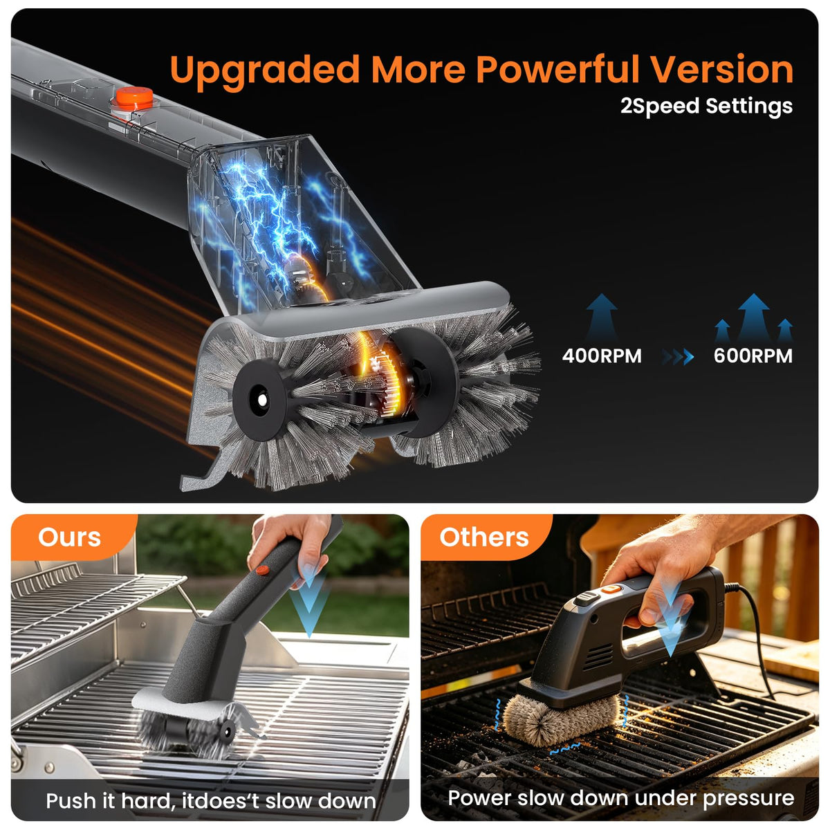 Goodtrust grill brush LED light helps illuminate the grill for thorough cleaning in dim conditions.