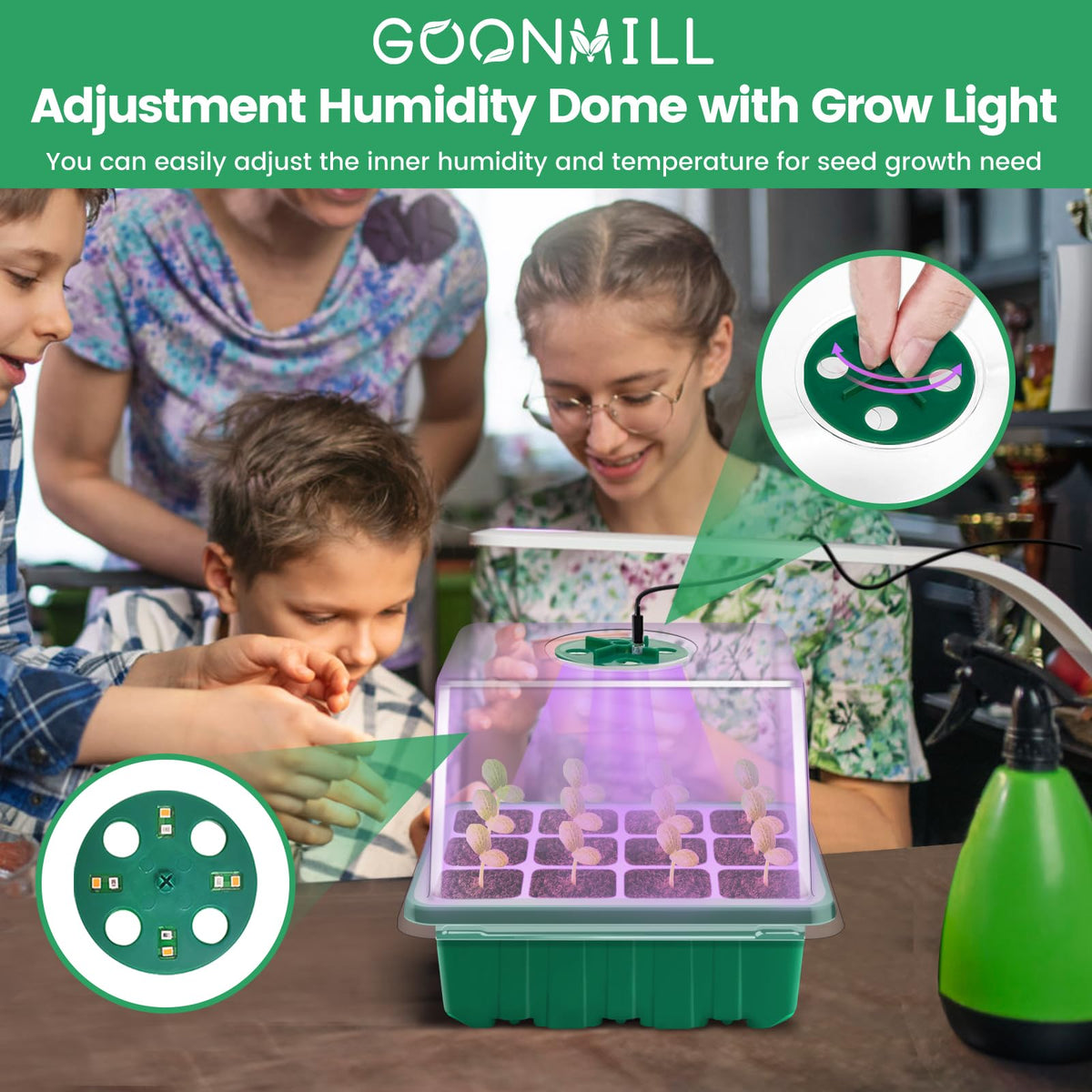 GOONMILL humidity dome on seed tray provides precise moisture for seedlings.