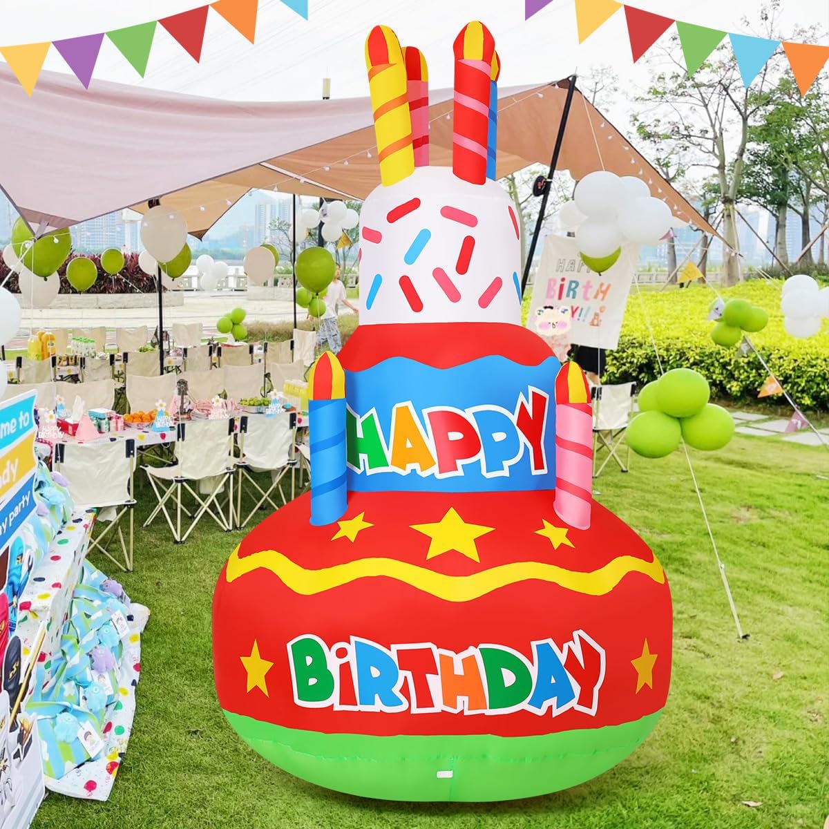 Goosh 6.2 ft birthday cake inflatable for outdoor celebrations with durable weather resistance.